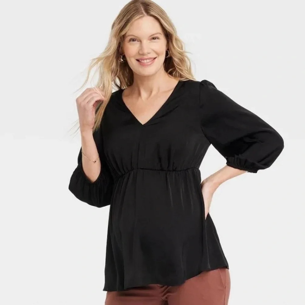 Isabel Ingrid Maternity Black Satin Blouse Back Cut Out- New- Sz S, M, XXL avail